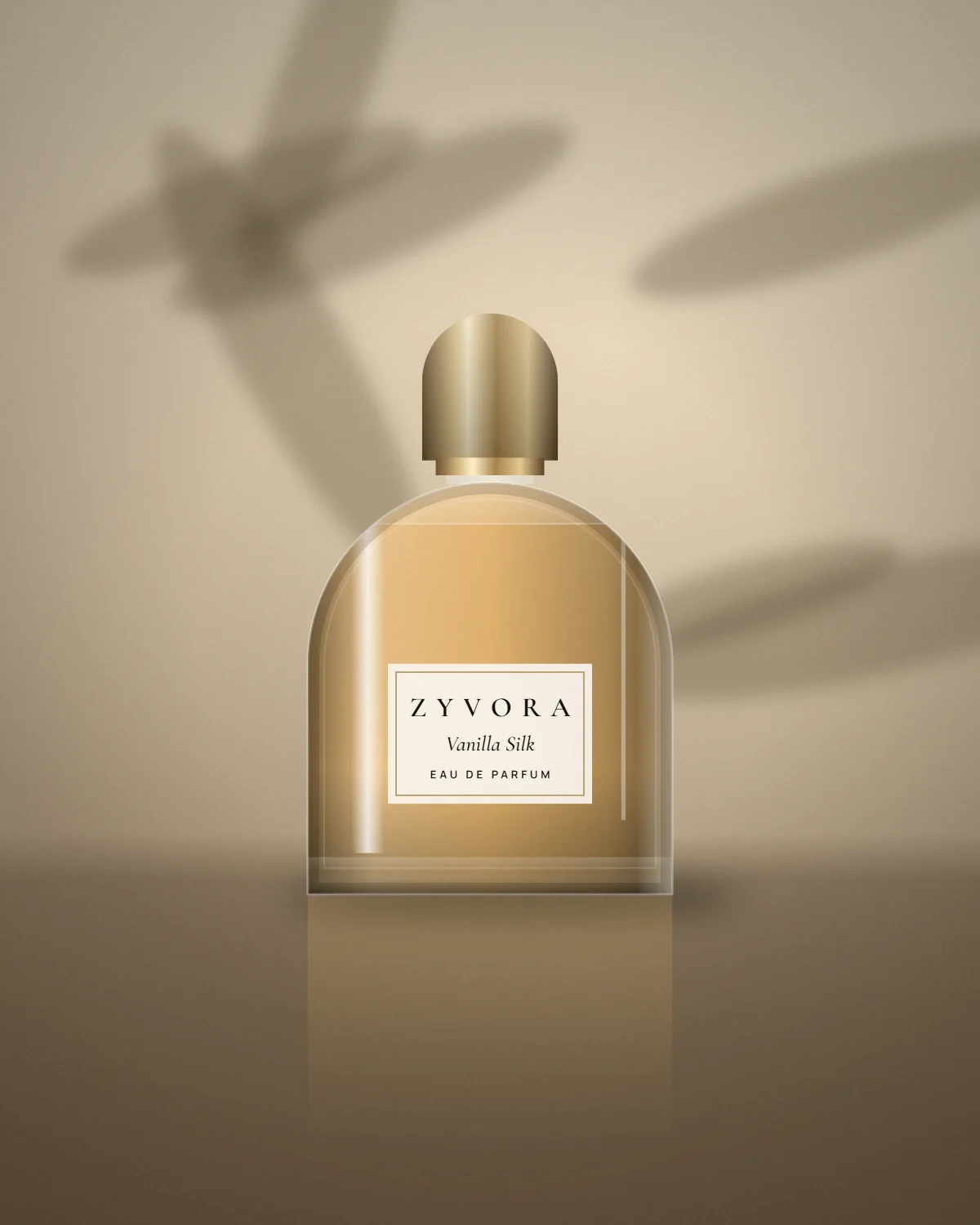 A Zyvora fragrance bottle in warm studio light